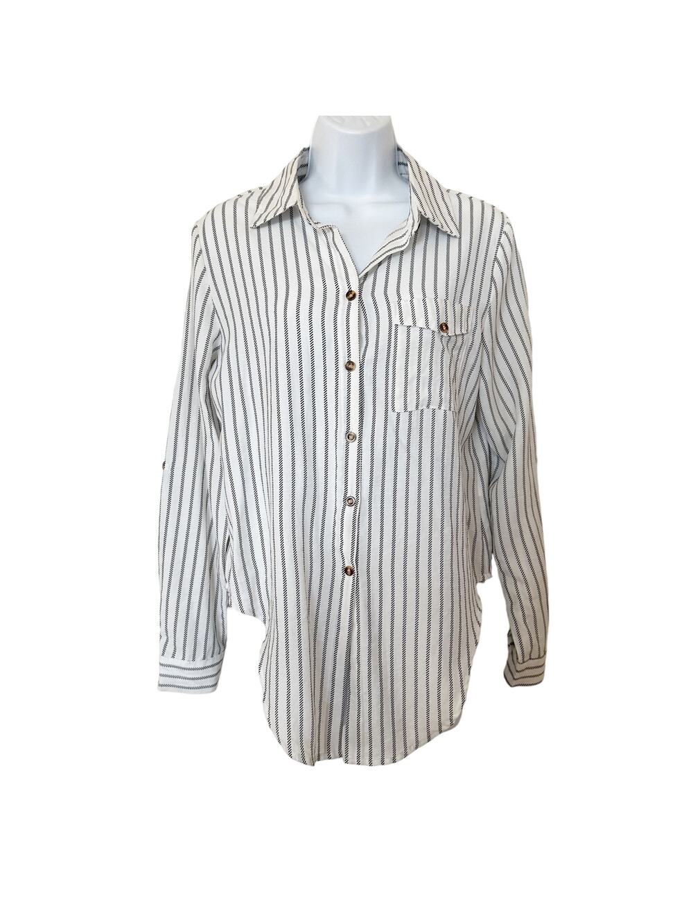 Michel Women's Striped Collared Long Sleeve Button Front Top Size Small